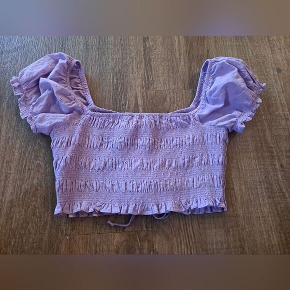 LA Hearts Lilac Short Puffy Sleeve Cropped Peasant Eyelet Top - Picture 3 of 5